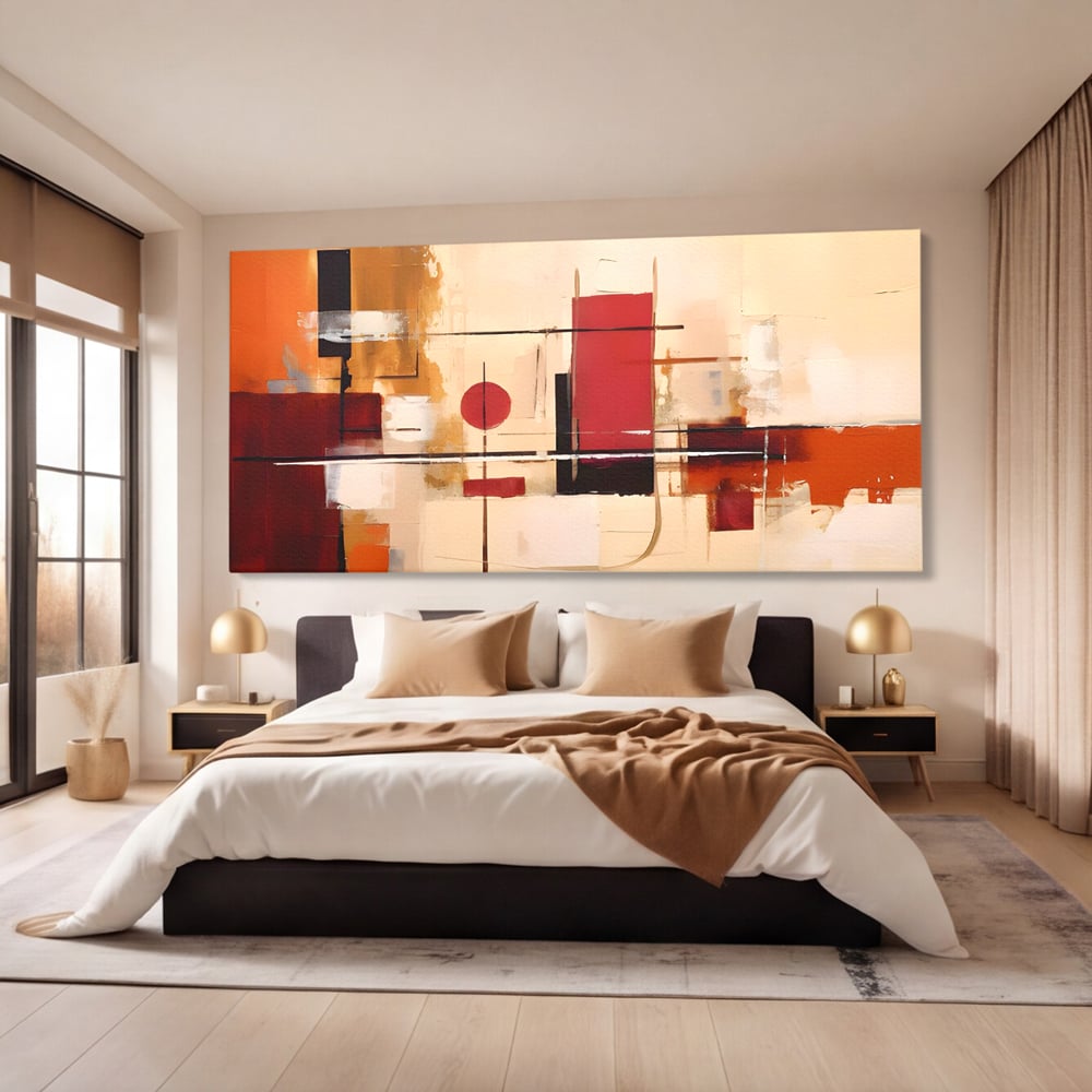 Tablou canvas cu pictura abstracta cu forme geometrice, fara rama, pe sasiu de lemn, pe perete intr-un dormitor